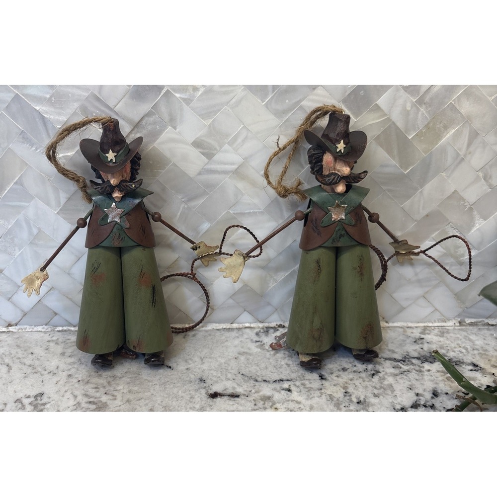 Tin Western Cowboys‎ Ornaments Pair Pull String Lever Action Hand Painted 6 Inch